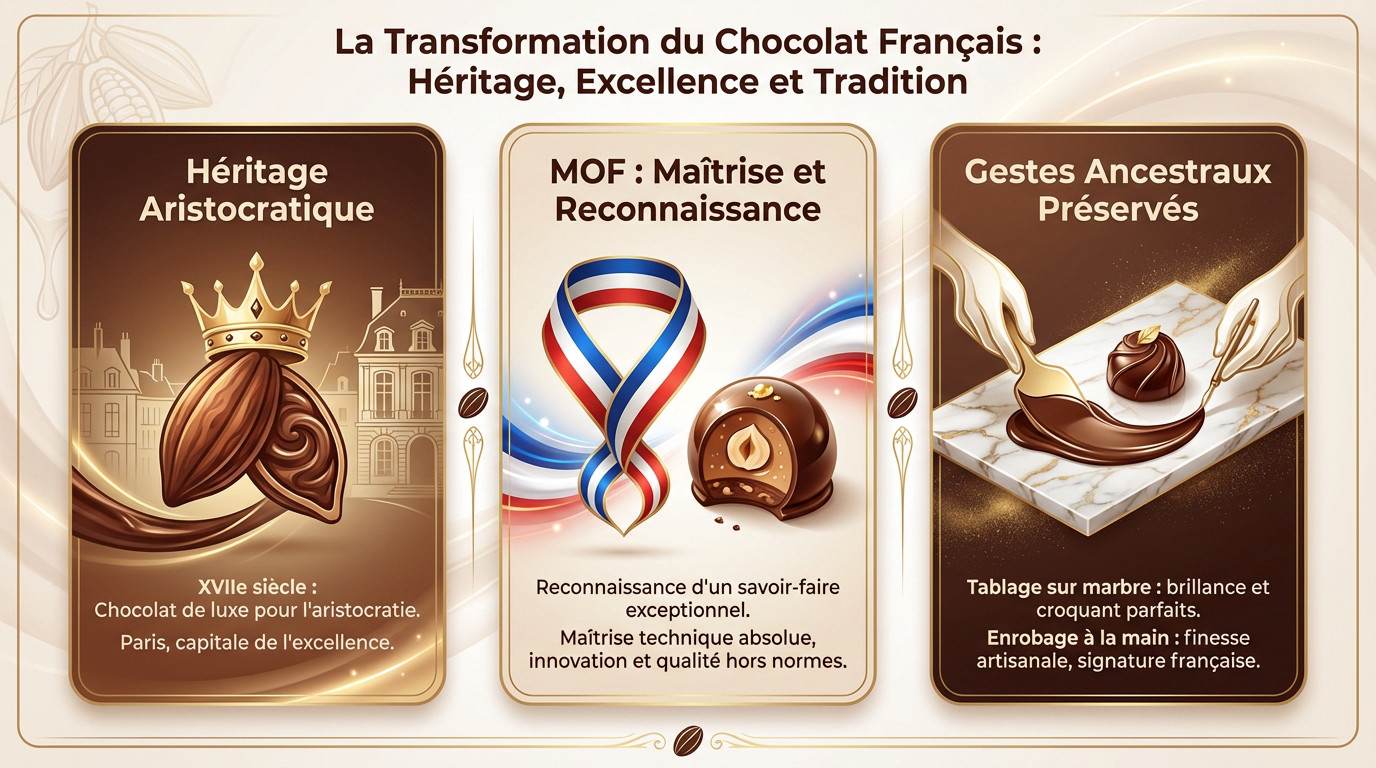 Chocolatier français travaillant le chocolat sur marbre, illustrant le savoir-faire artisanal et l'héritage historique