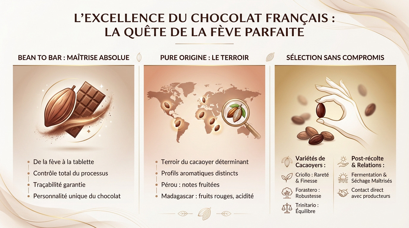 Fèves de cacao de qualité sélectionnées par un chocolatier français pour une création artisanale