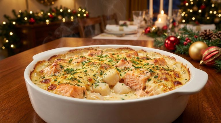 Gratin saumon Saint-Jacques sur un lit de purée crémeuse, plat de fête élégant