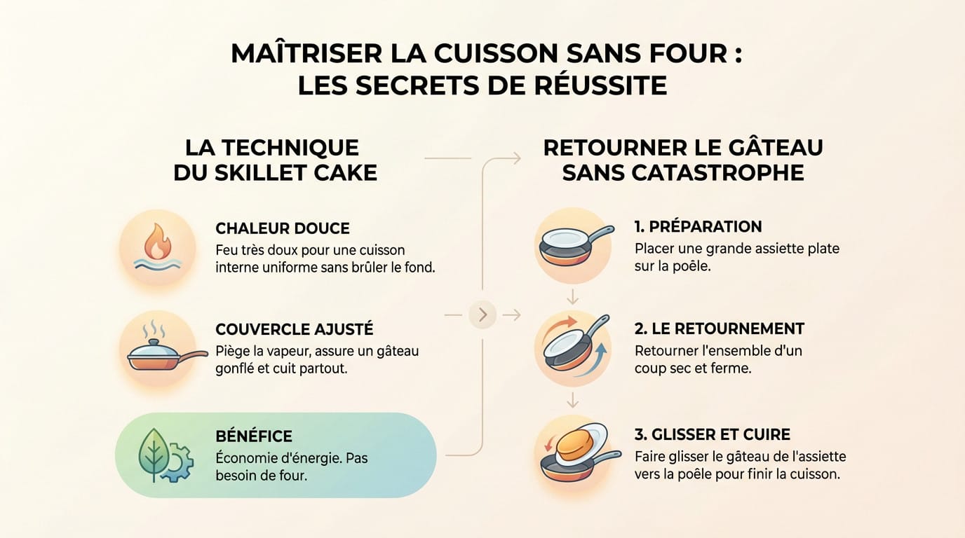 Cuisson douce d'un gâteau aux pommes à la poêle avec couvercle