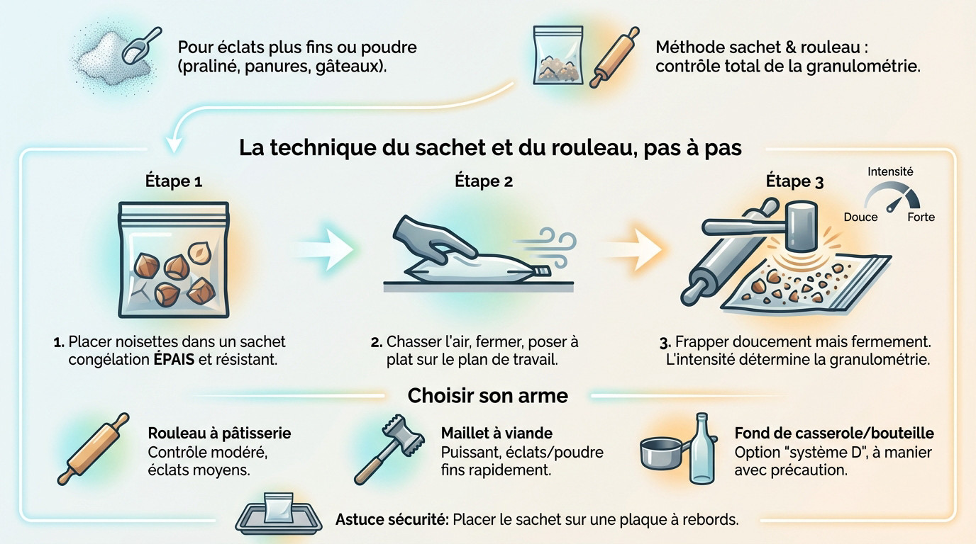 Technique du sachet et du rouleau pour concasser des noisettes