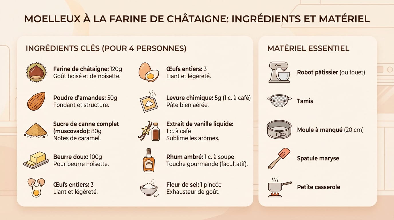 Ingrédients et matériel nécessaires pour le moelleux à la farine de châtaigne