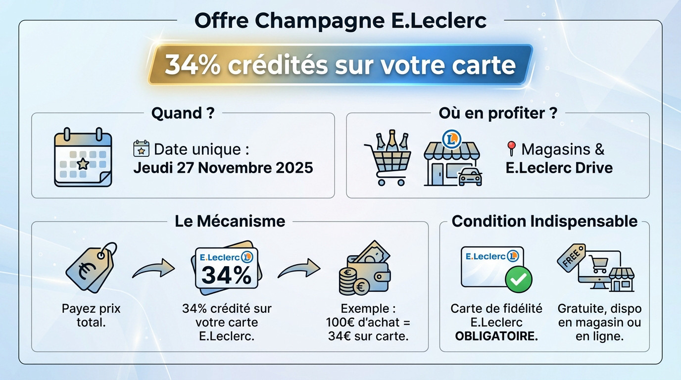Rayon champagne E.Leclerc affichant l'offre promotionnelle de 34% crédités en tickets sur la carte de fidélité