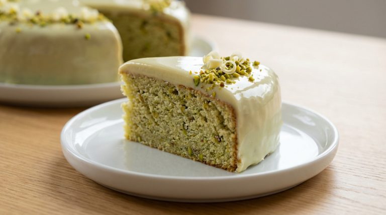 Gâteau au chocolat blanc et pistache avec glaçage miroir, décoré de pistaches entières