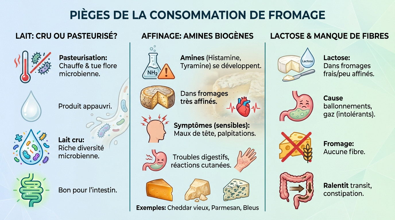 Schéma illustrant les pièges de la consommation de fromage pour la santé intestinale : lactose, amines biogènes et manque de fibres
