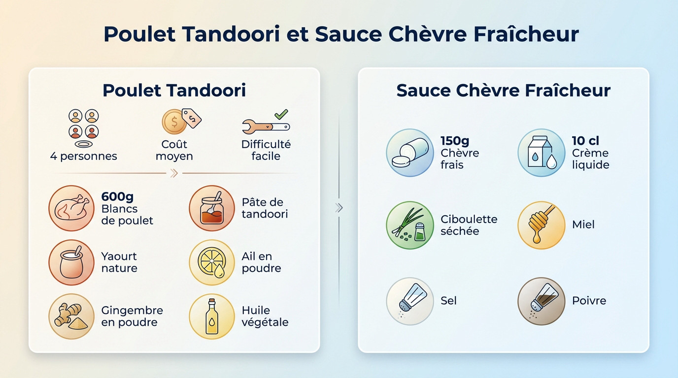 Brochettes de poulet tandoori grillées servies avec une sauce au chèvre frais et herbes