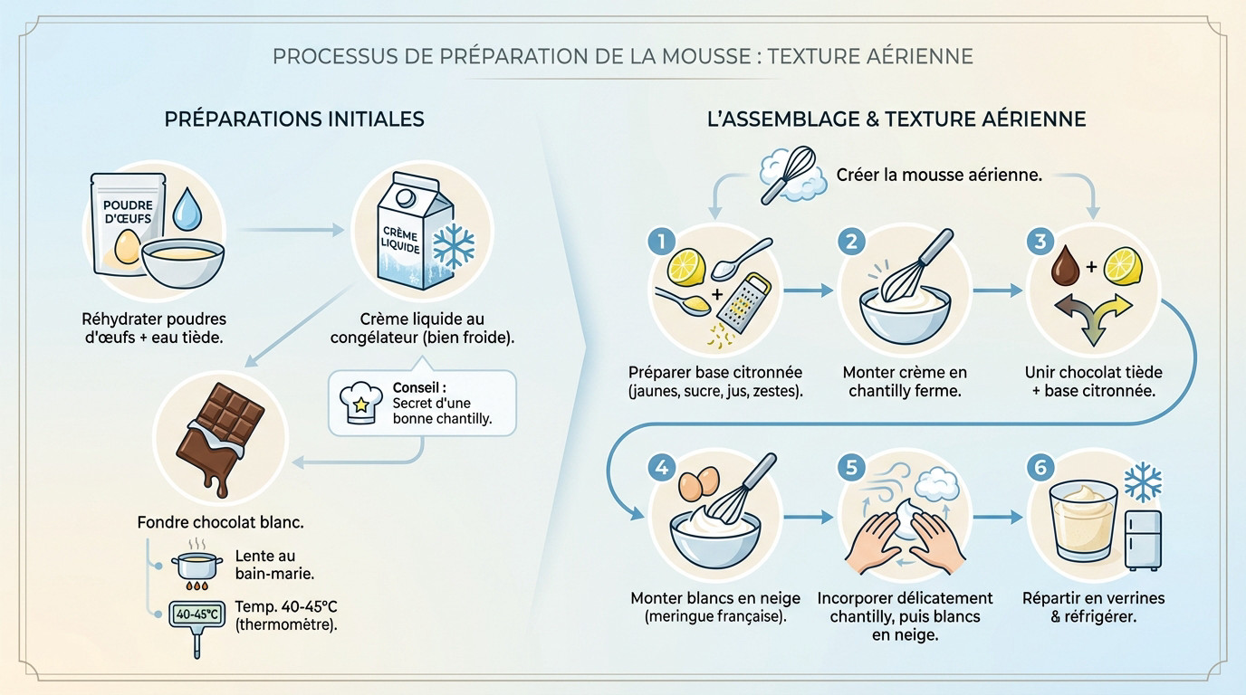 Préparation d'une mousse au chocolat blanc et citron à la texture aérienne