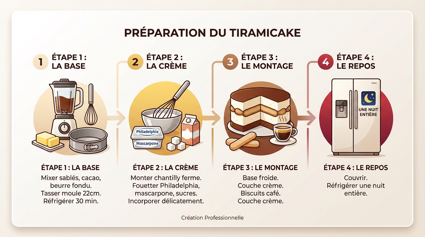 Étapes de préparation du tiramicake : base biscuitée et crème mascarpone