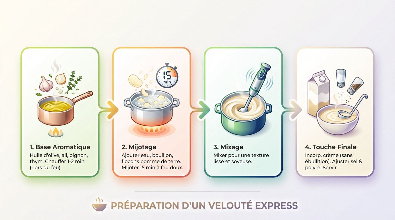Préparation étape par étape du velouté à l'ail et flocons de pommes de terre