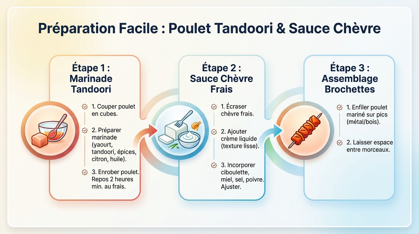 Préparation facile des brochettes de poulet tandoori et sauce au chèvre frais
