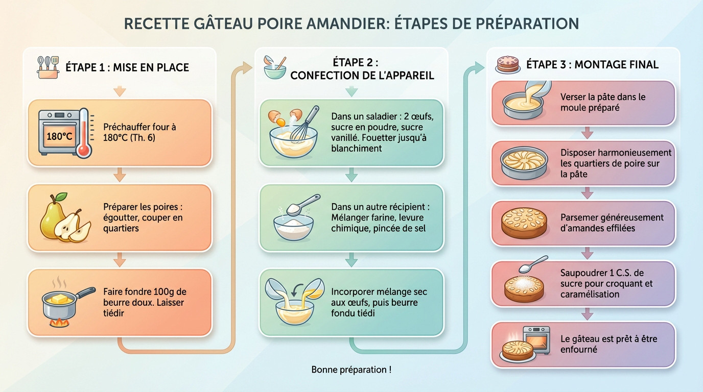 Plan de travail avec ingrédients pour gâteau poire amandier : œufs, farine, beurre et poires
