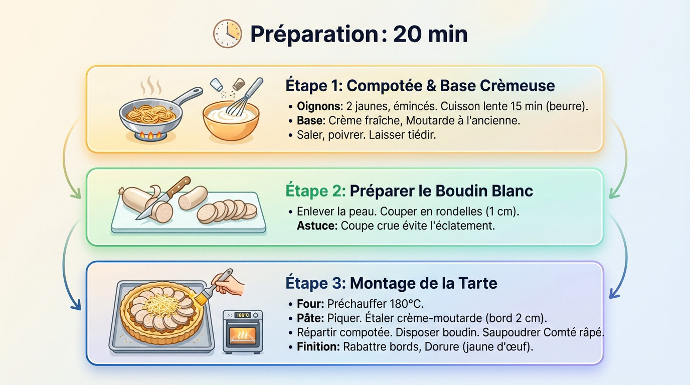 Préparation étape par étape d'une tarte salée au boudin blanc sur plan de travail