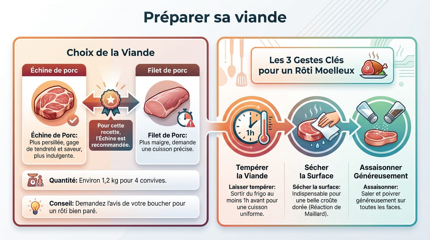 Morceau de porc cru assaisonné prêt à être cuisiné sur une planche en bois