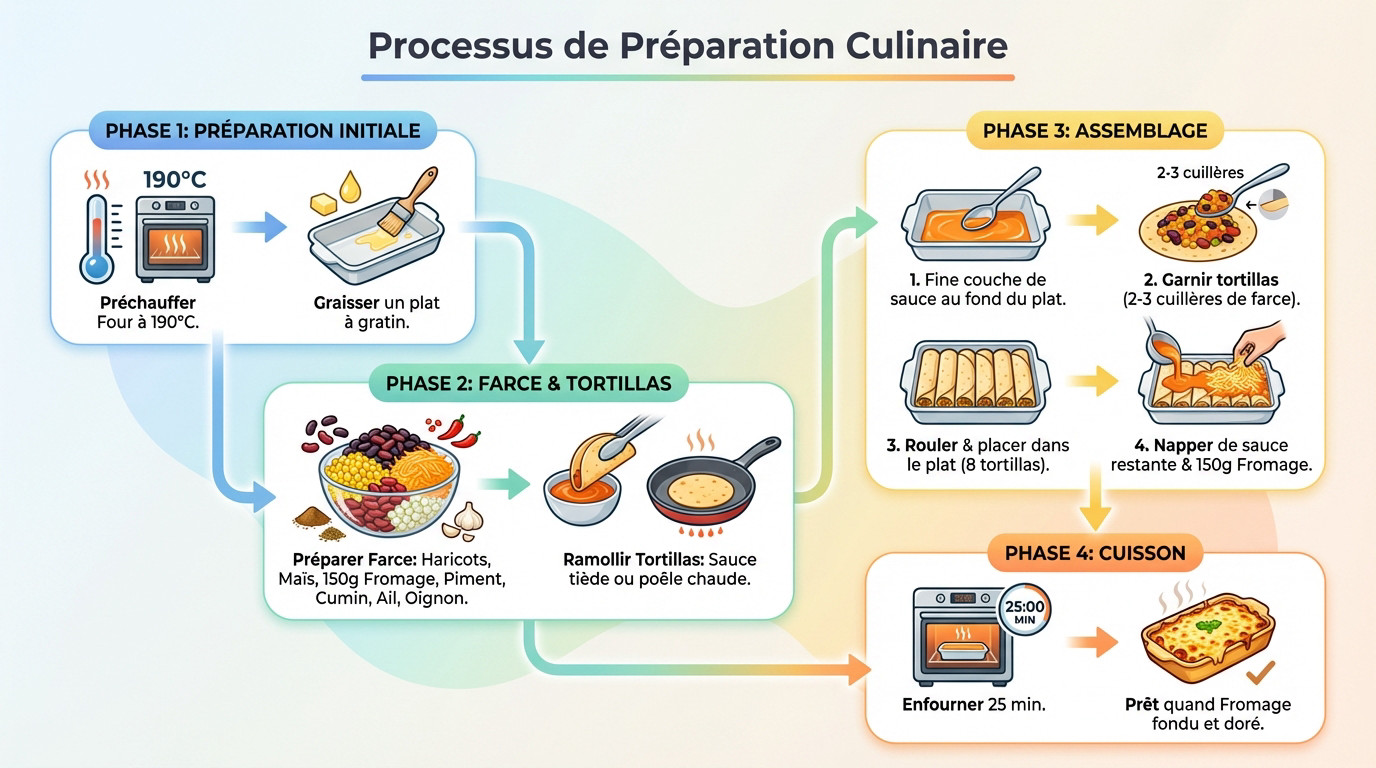 Préparation des ingrédients pour enchiladas tex mex et cuisson
