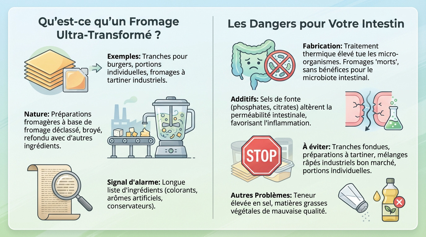 Comparaison entre un fromage ultra-transformé industriel et un fromage traditionnel bon pour la santé