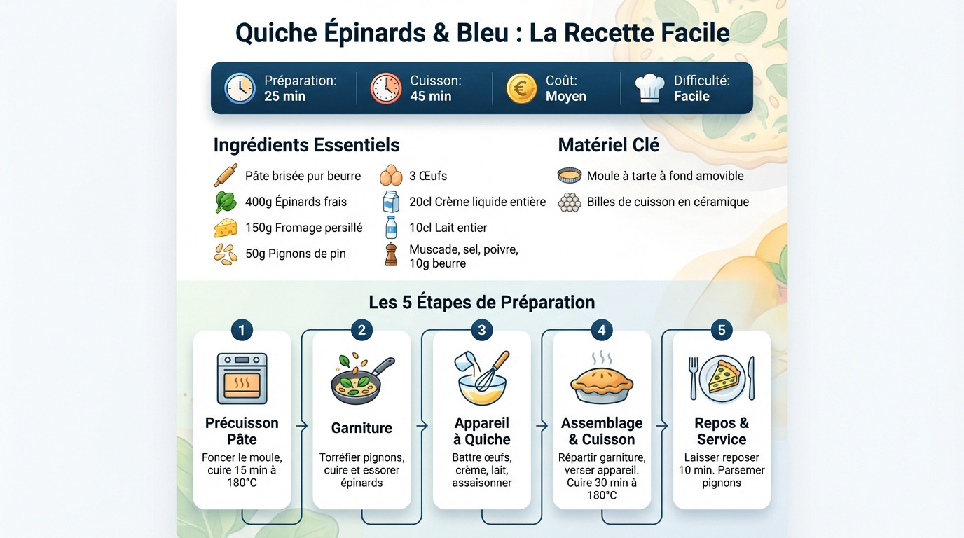 Quiche dorée aux épinards, bleu et pignons de pin sortant du four