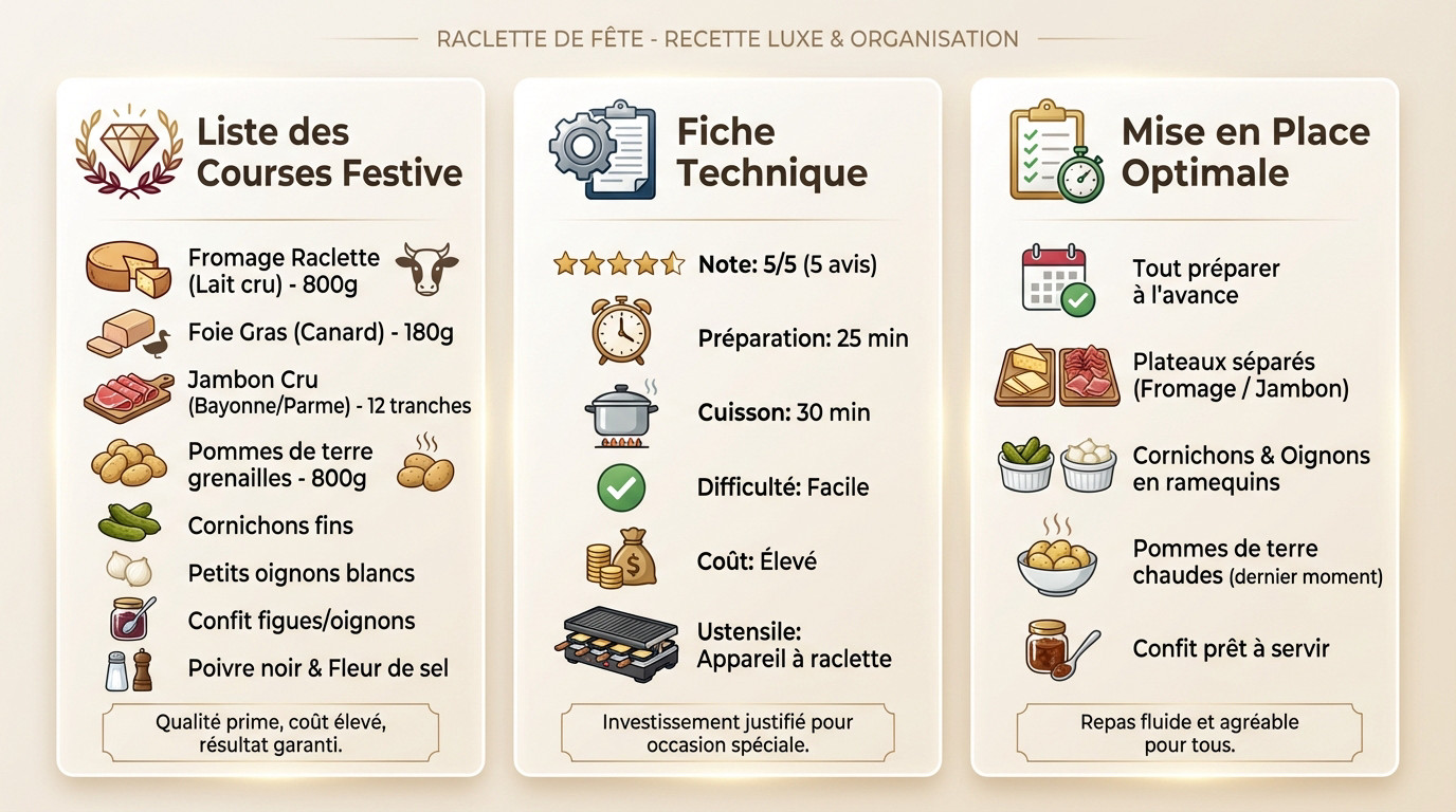 Ingrédients de luxe pour raclette festive : foie gras, jambon cru et fromage au lait cru