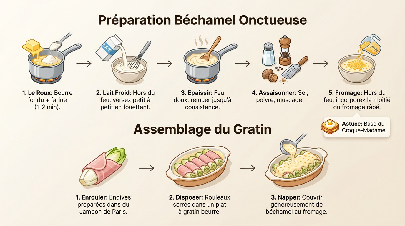 Préparation d'une béchamel onctueuse pour le gratin d'endives