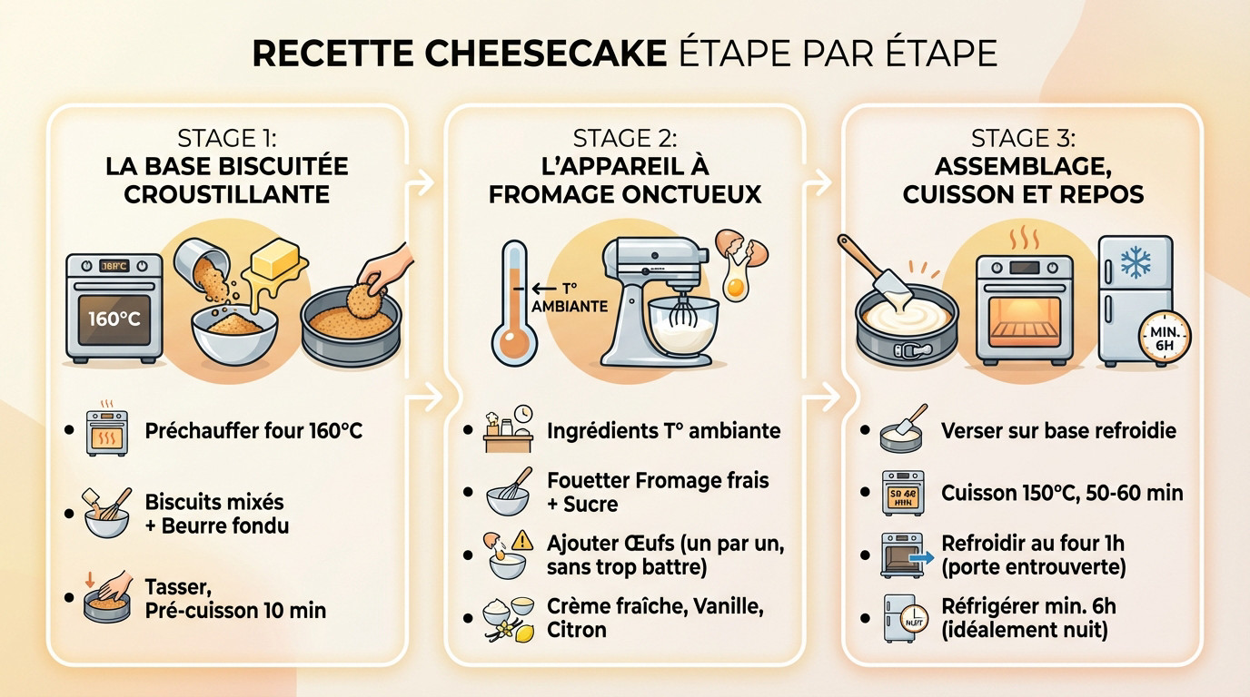 Préparation étape par étape d'un cheesecake au fromage frais onctueux
