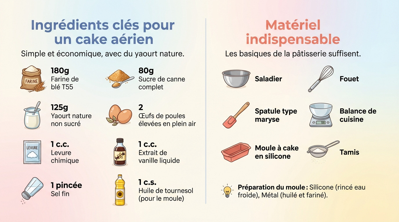 Ingrédients et matériel nécessaires pour préparer un cake léger sans beurre