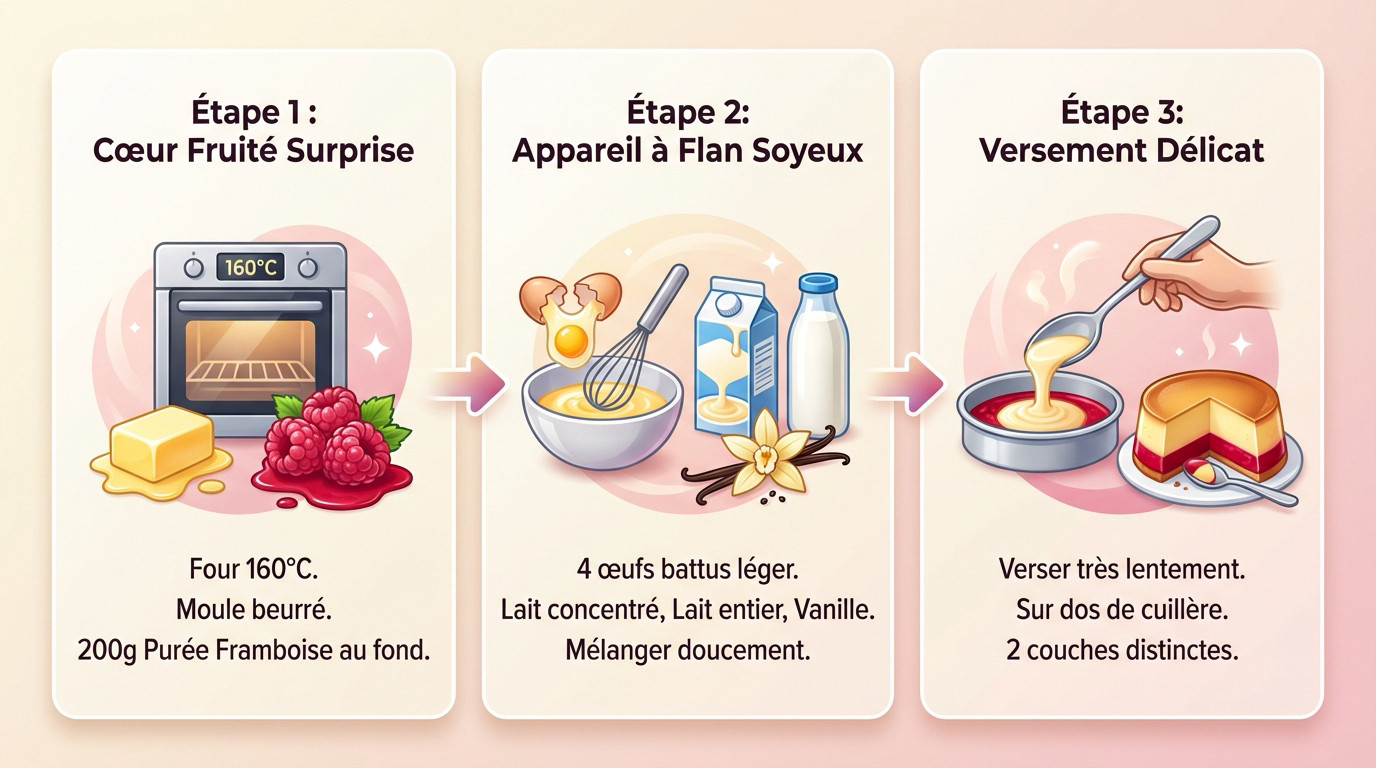 Flan pâtissier ultra fondant avec son cœur de coulis framboise à la découpe