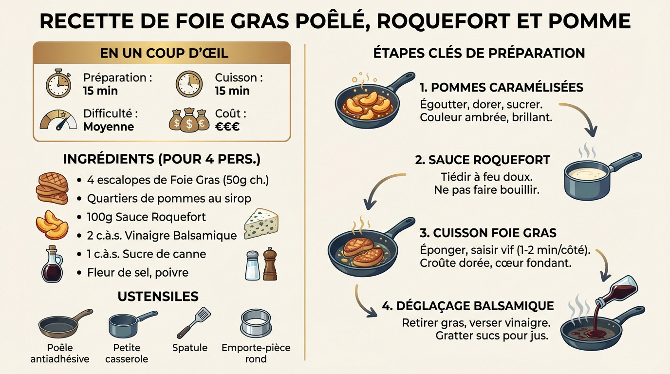 Escalope de foie gras poêlé doré sur lit de pommes caramélisées et sauce roquefort