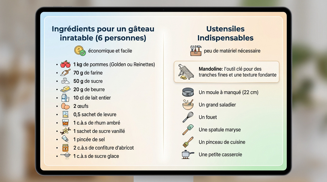 Ingrédients et ustensiles nécessaires pour le gâteau aux pommes de Julie Andrieu