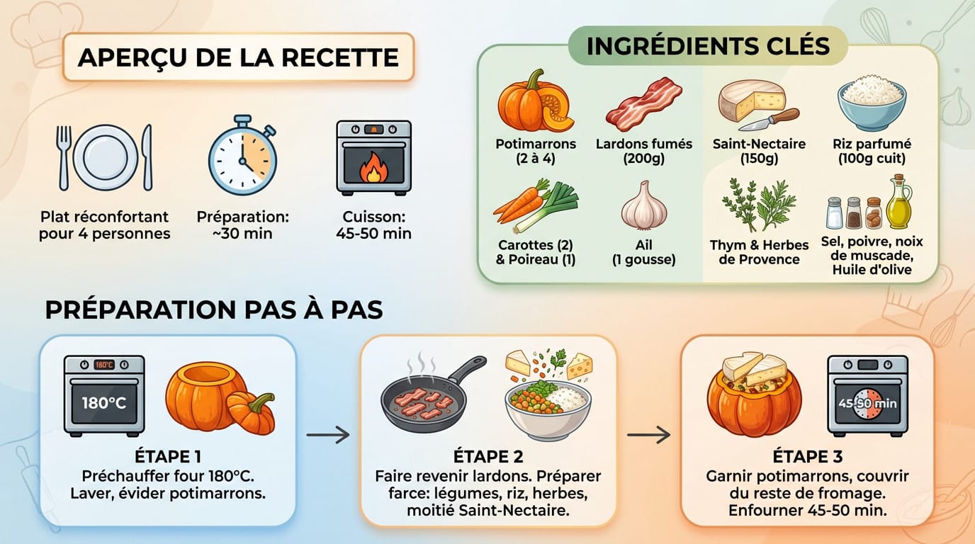 Infographie récapitulative de la recette du potimarron farci aux lardons et Saint-Nectaire