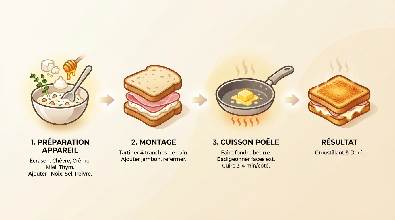 Préparation des tranches de pain avec chèvre et jambon