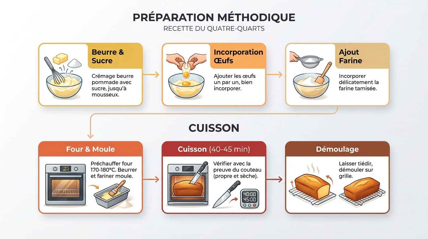 Infographie étape par étape de la recette du quatre-quarts traditionnel