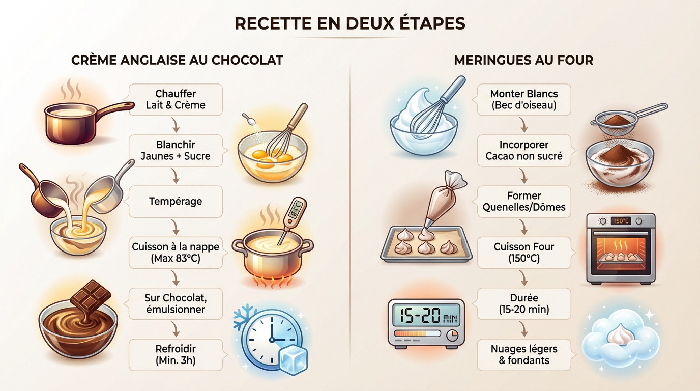 Préparation des œufs en neige cacaotés et de la crème anglaise au chocolat