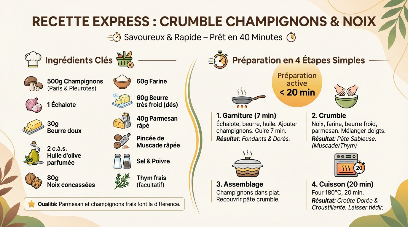Crumble salé doré aux champignons et noix dans un plat à gratin