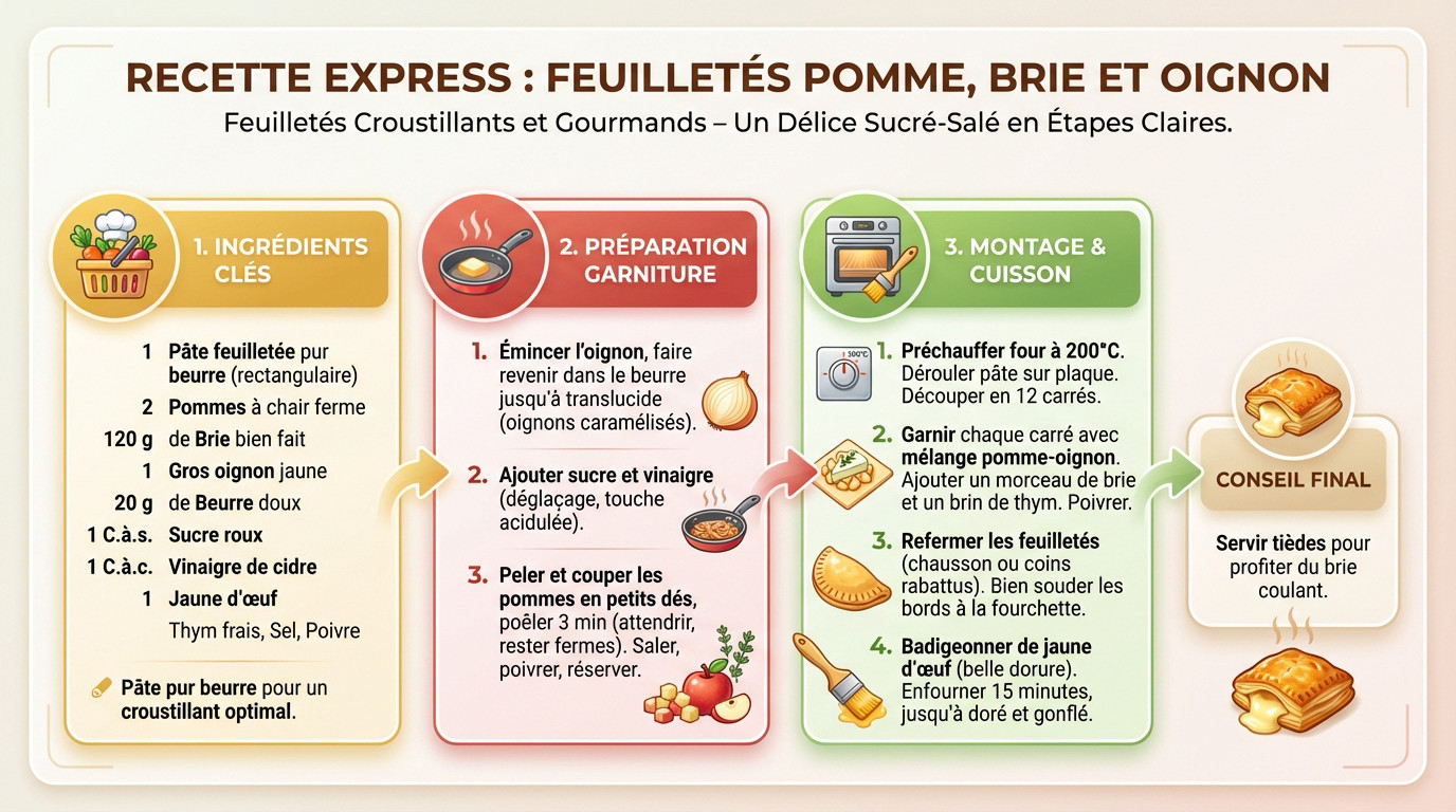 Feuilletés dorés garnis de pomme fondante, brie et oignons caramélisés servis sur une planche