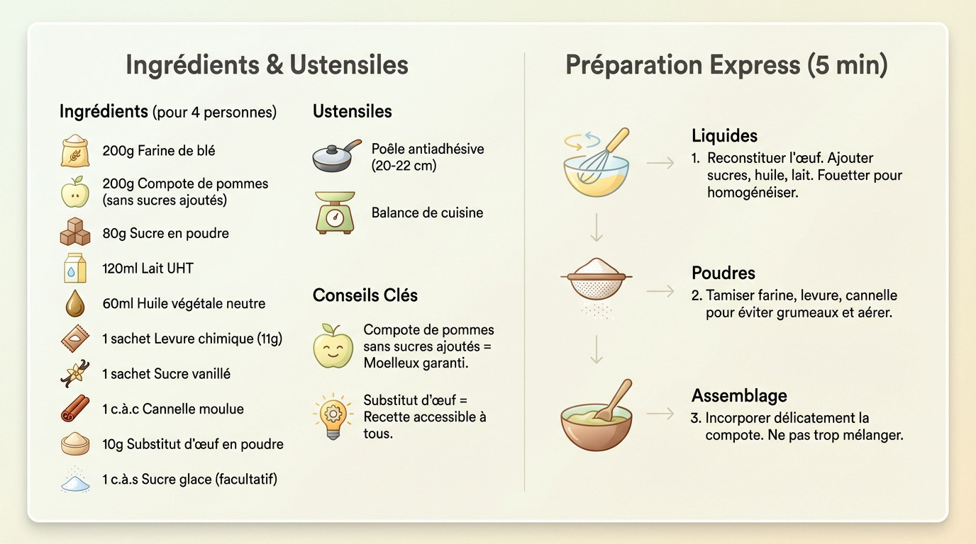Ingrédients et ustensiles nécessaires pour la recette de gâteau aux pommes à la poêle
