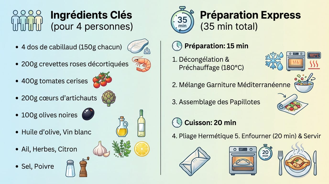 Papillote de cabillaud et crevettes aux saveurs méditerranéennes ouverte dans une assiette