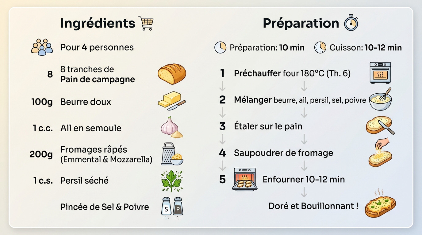 Tartines gratinées dorées au fromage fondu et à l'ail
