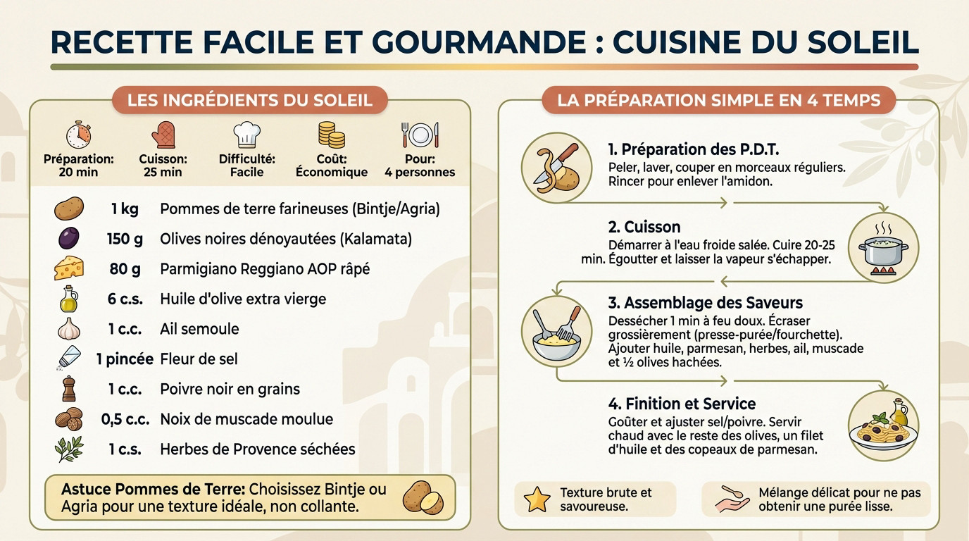 Écrasé de pommes de terre méditerranéen aux olives noires et parmesan