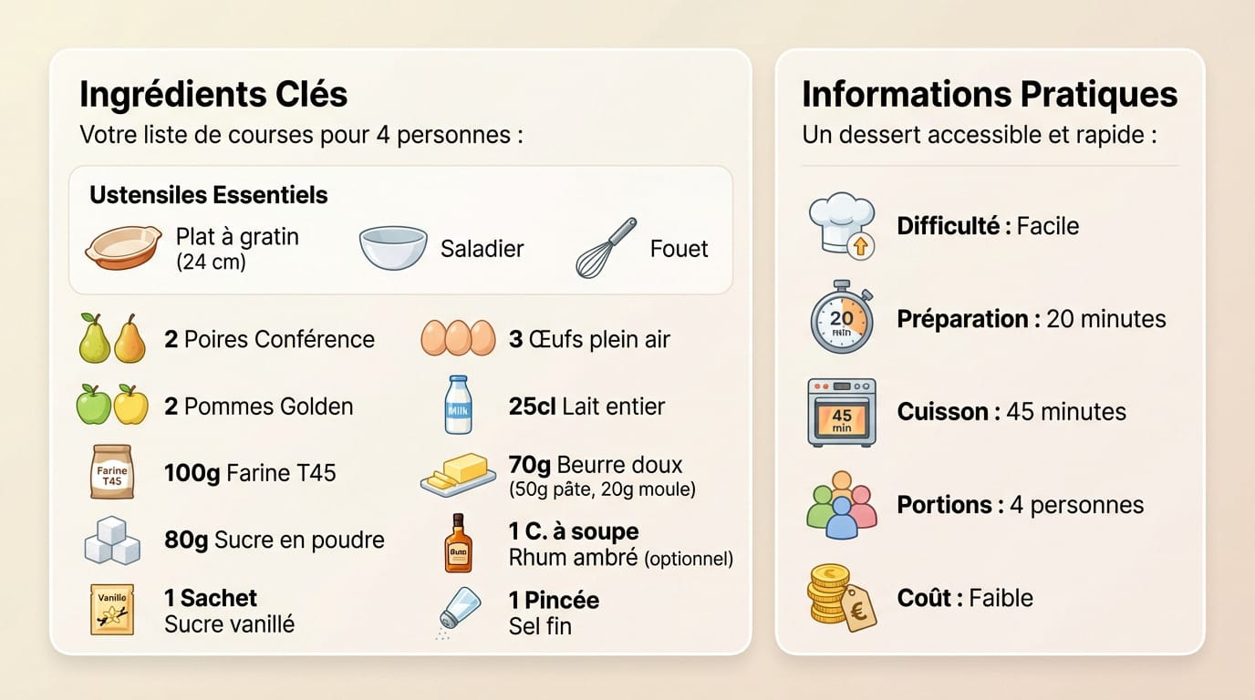 Ingrédients frais et ustensiles pour clafoutis pommes poires
