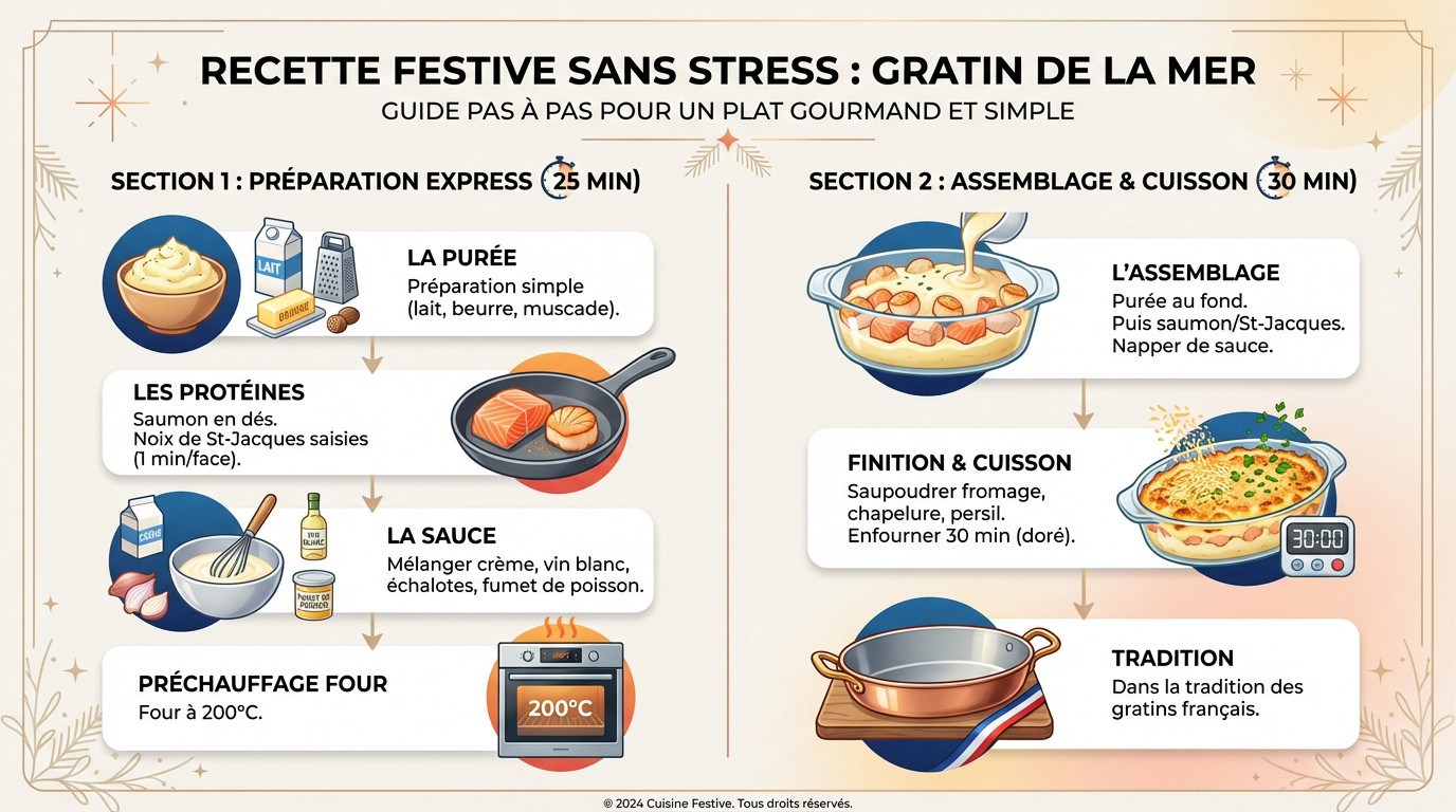 Gratin de saumon et Saint-Jacques doré au four prêt à être dégusté