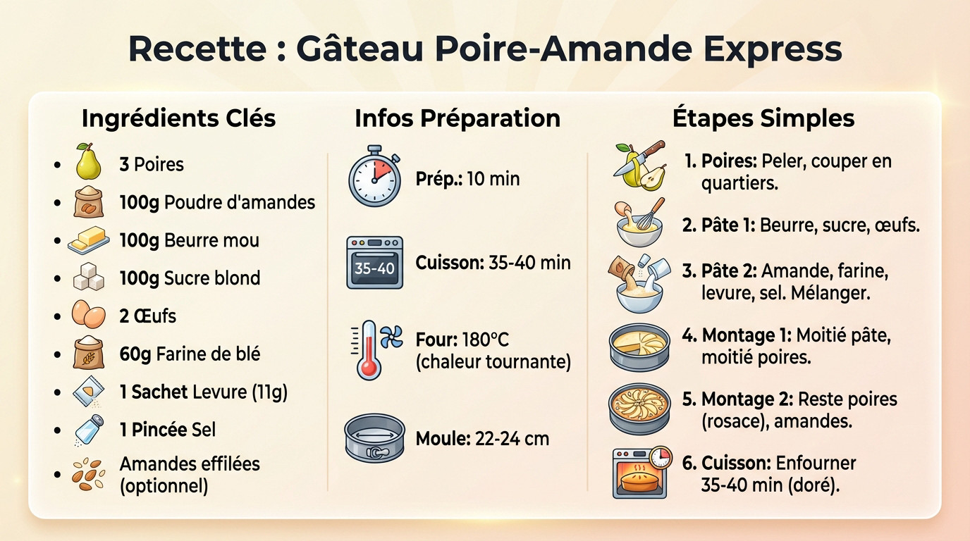 Gâteau poire amande moelleux et doré sortant du four