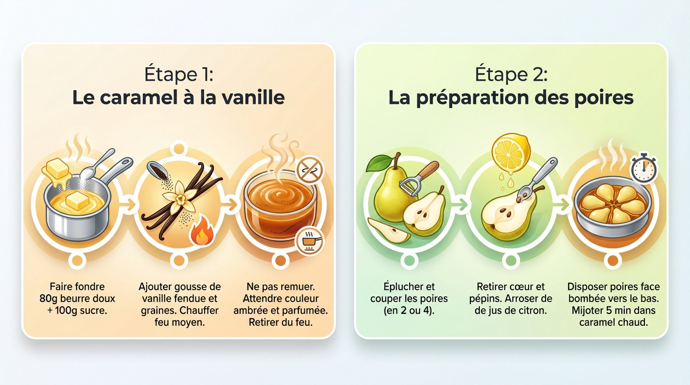 Préparation du caramel ambré et des poires pour la tarte tatin