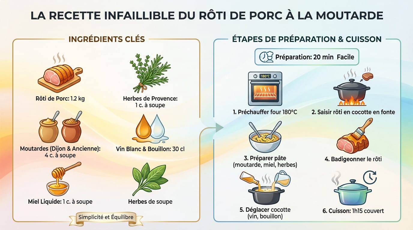 Rôti de porc doré et juteux cuit en cocotte avec une croûte de moutarde et miel