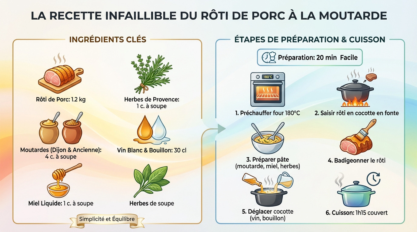 Rôti de porc doré et juteux cuit en cocotte avec une croûte de moutarde et miel