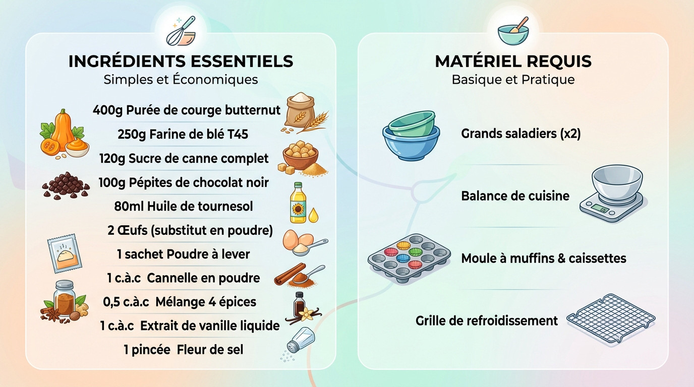 Ingrédients et matériel nécessaires pour préparer des muffins à la courge butternut et au chocolat