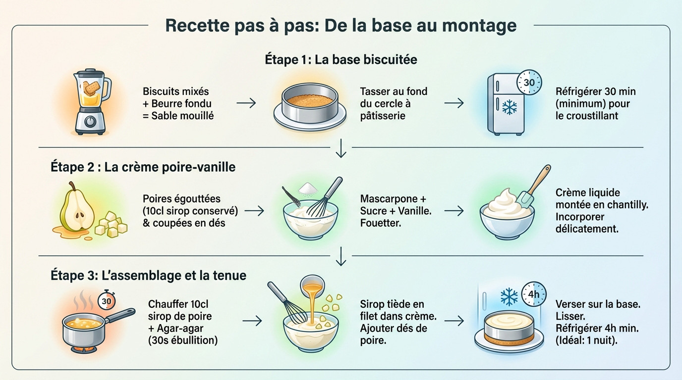 Préparation étape par étape du gâteau poire-vanille sans cuisson
