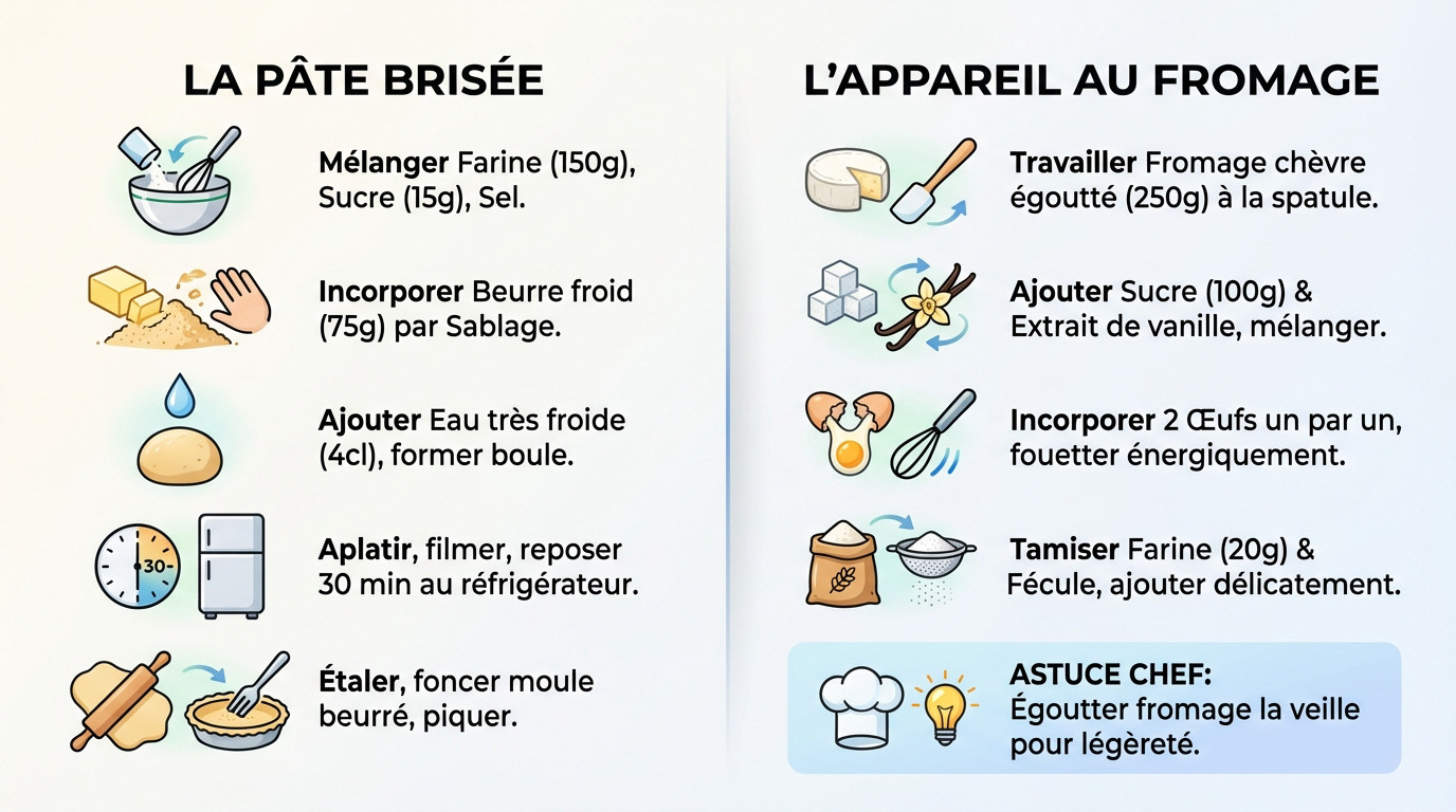 Préparation de la pâte brisée et de l'appareil au fromage pour le tourteau fromager
