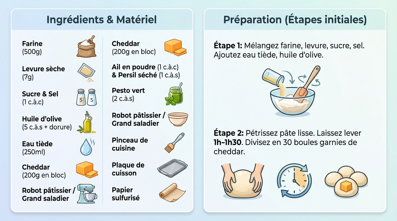 Ingrédients et préparation de la pâte pour le sapin de Noël apéritif au cheddar sur plan de travail