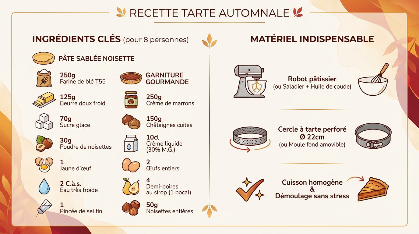 Ingrédients et matériel pour la tarte poire châtaigne noisette de Julie Andrieu