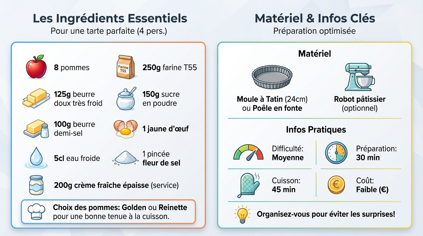 Ingrédients et matériel clés pour réussir la tarte Tatin