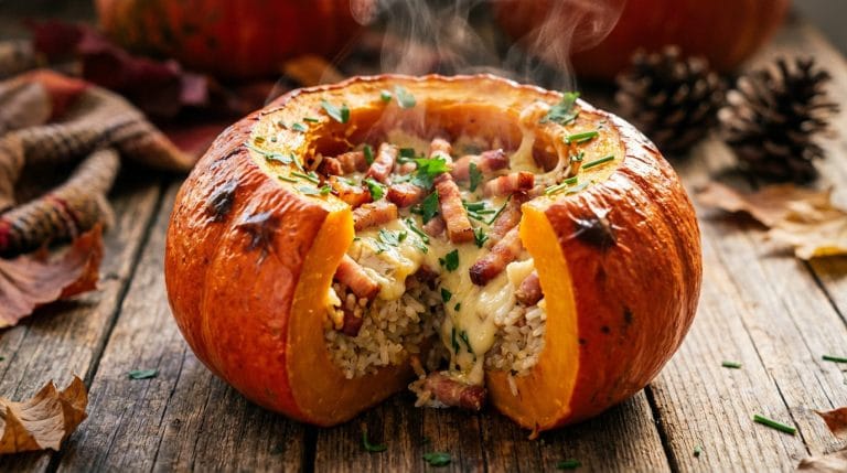 Potimarron farci au Saint-Nectaire et lardons, plat d'automne savoureux